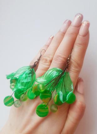 Серьги подвески кульчики грозди бижутер салат лист ручн раб серёжки hand made этно пластик бохо полимерная