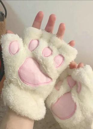 Перчатки лапки митенки перчатки лапки котика молочно розовые
