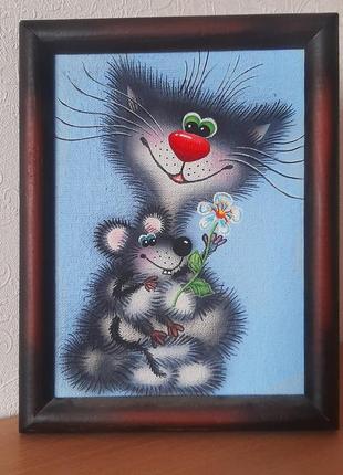 Картина масло холст рисунок маленькая живопись котик мышка рамка hand made подарок рамка