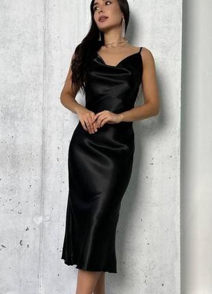 Платье миди атласное однотонное на брителях с открытой спиной качественное стильная трендовая черная красная1 фото