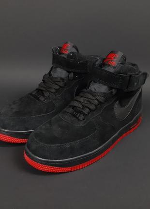 Чоловічі теплі кросівки nike air force 1 високі чорні з червоним