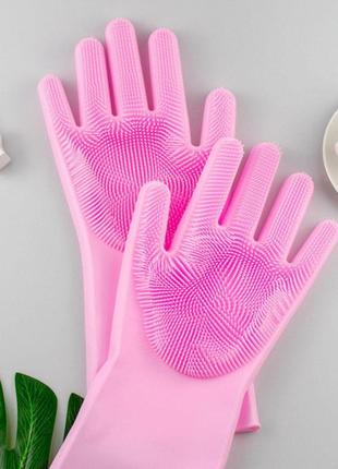 Силиконовые перчатки magic silicone gloves pink для уборки чистки мытья посуды для дома. kv-622 цвет: розовый6 фото