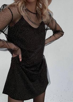 Платье короткое черное однотонное на брителях сетка на длинный рукав с блестками качественное стильное трендовое3 фото