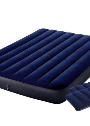 Двухместный надувной матрас 183см intex с двумя подушками и ручным насосом, водонепроницаемый. синий