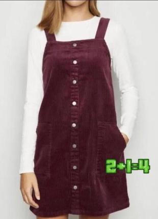 💝2+1=4 бордовый вельветовый сарафан короткое платье new look, размер 46 - 48