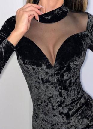 Комбінезон жіночий велюровий чорний однотонний на довгий рукав з сіткою якісний стильний трендовий2 фото