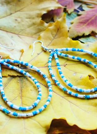 Сережки ручна робота бірюзові блакитні краплі сережки ніжні легкі бохоboho бісер etno