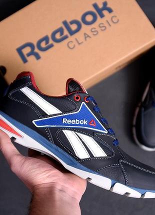 Мужские кожаные кроссовки reebok (рибок) street style blue, спортивные мужские туфли синие, кеды повседневные9 фото