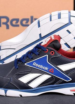 Мужские кожаные кроссовки reebok (рибок) street style blue, спортивные мужские туфли синие, кеды повседневные10 фото