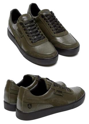 Мужские кожаные кроссовки puma (пума) ferrari leather, туфли оливковые, кеды повседневные хаки. мужская обувь