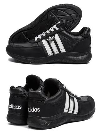 Мужские кожаные кроссовки adidas (адидас) black, кеды кожаные повседневные черные. мужская обувь