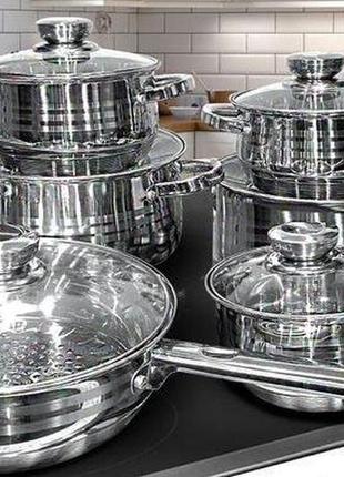 Набір кухонного посуду з неіржавкої сталі на 12 предметів rainberg набори каструль і антипригарна сковорода2 фото