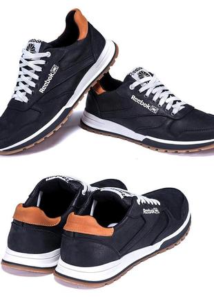 Мужские кожаные кроссовки  reebok (рибок) classic leather trail  black, спортивные мужские туфли черные