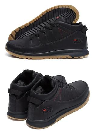 Чоловічі зимові шкіряні кросівки fila black classic, чоботи, кросівки зимові чорні, спортивні черевики