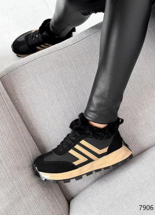 Распродажа черные зимние утепленные кроссовки с бежевыми вставками7 фото