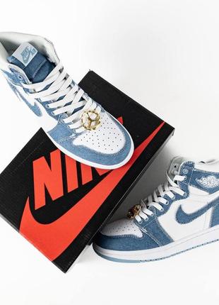 Женские кроссовки повседневные jordan 1 high og denim blue, синие кеды джордан, женская обувь7 фото