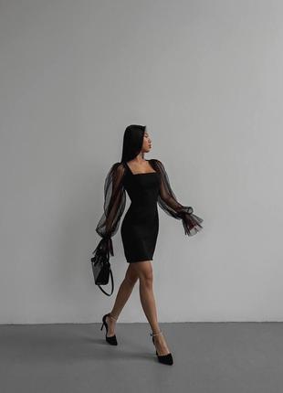 Стильна чорна сукня з рукавами сітка6 фото