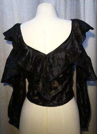 Женская блузка с воланами, блестящая блуза топ с рюшами открытые плечи.3 фото