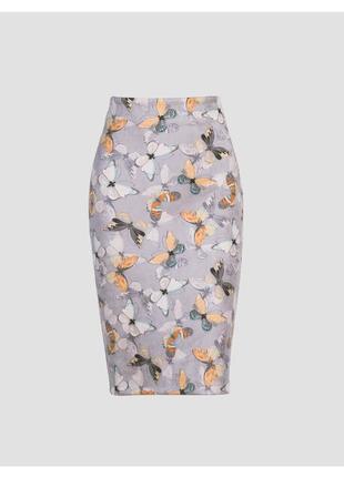 Юбка миди под замшу с бабочками в сером цвете, высокая посадка