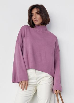 Женский короткий лавандовый свитер с высокой горловиной и расширенными рукавами s, осень, повседневный