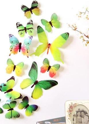 Метелики для декорацій, наклейки метелика для декорацій, 3d метелики для декору, зелений12 шт