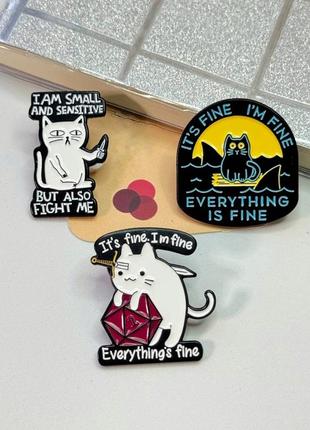 Набор значков/пинов металлических коты everything is fine (3 шт)