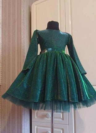 Зеленое сияющее платье для девочки елочка на подарок свечу в наличии