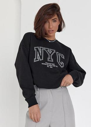Утепленный женский свитшот с вышитой надписью nyc - черный цвет, l