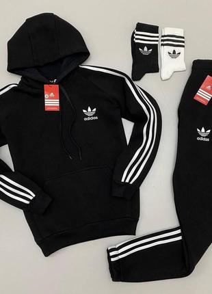 Костюм спортивный adidas 3 полоски с капюшоном черный зима