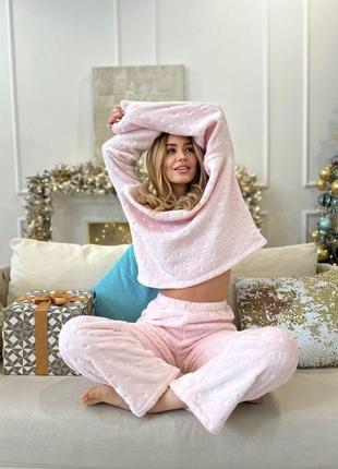 Стильна тепла жіноча піжама-двійка кофта та штани тканина двостороння турецька махра велсофт6 фото