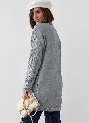 Женская вязаная туника с высоким воротником и косичками - серый цвет, l2 фото