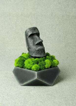 Декоративна статуетка моаі на подарунок, з бетону та стабілізованного моху, декор з моху