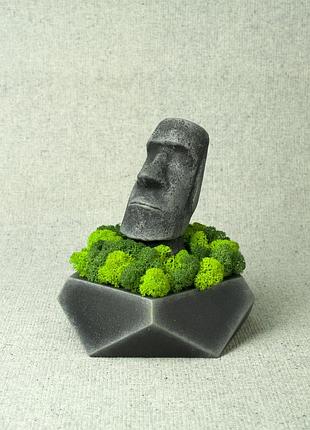 Декоративна статуетка моаі на подарунок, з бетону та стабілізованного моху, декор з моху