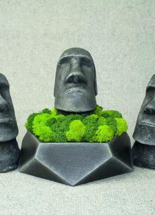 Декоративна статуетка моаі на подарунок, з бетону та стабілізованного моху, декор з моху