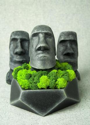 Декоративна статуетка моаі на подарунок, з бетону та стабілізованного моху, декор з моху