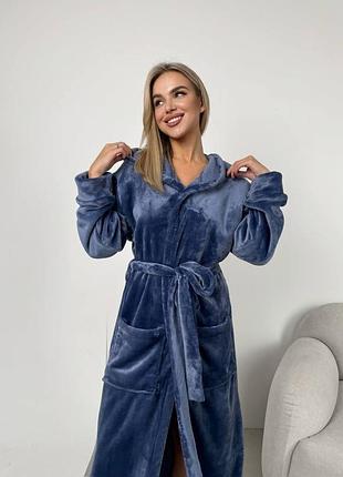 Халат теплый унисекс на запах под поясок с капюшоном накладные карманы рукав с манжетом ткань махра полированная турция