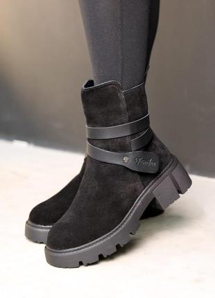 Ботинки женские замшевые мех черные1 фото