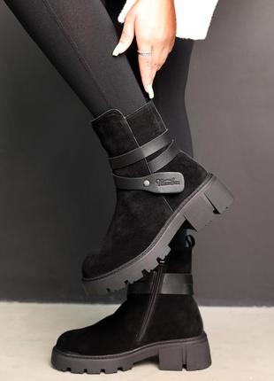 Ботинки женские замшевые мех черные4 фото