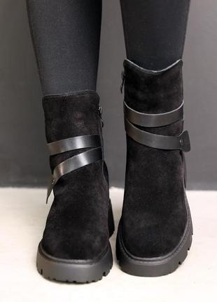 Ботинки женские замшевые мех черные3 фото