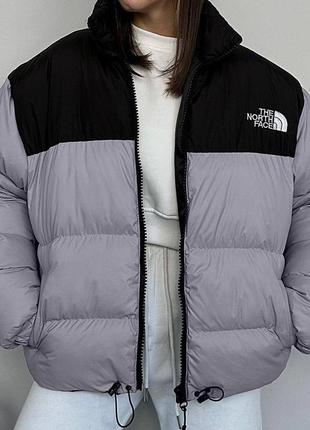 Куртка дутік, стильна зимова курточка комбінована, сіра, бежева, чорна, фіолетова жіноча куртка
