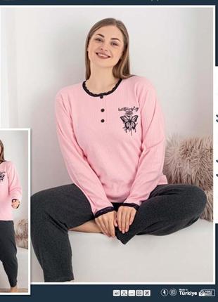 Тепла жіноча піжама великі розміри тканина в рубчик з ефектом кашемір