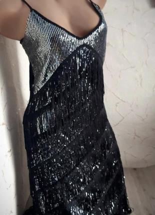 Вечернее платье с бахрамой чёрное/серебристое 48 р.4 фото