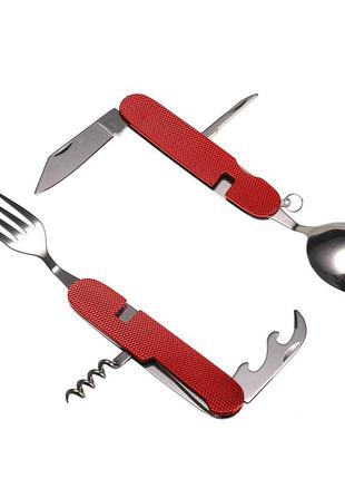 Туристичний набір складаний (мультитул) 6 в 1 (ложка, вилка, ніж, відкривачка, штопор) red3 фото
