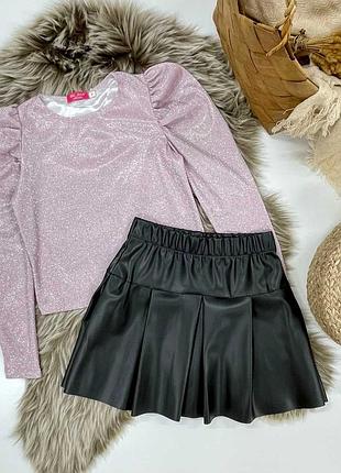 Нарядный костюм для девочки - юбка экокожа и блузка диско
