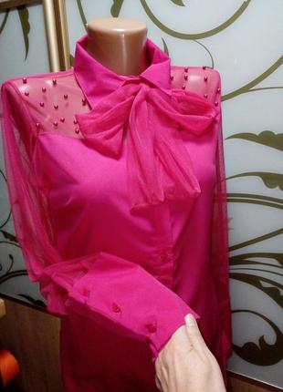 Блуза цвета фуксии с шифоновыми рукавами и бусинами2 фото