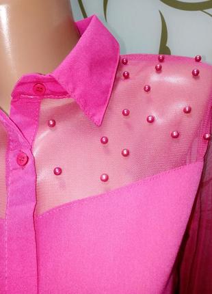 Блуза цвета фуксии с шифоновыми рукавами и бусинами3 фото
