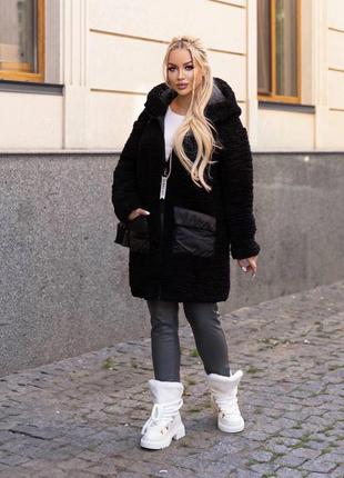 Куртка пальто жіноча еко шуба довга коротка тедді базова бежева чорна зимова єврозима з капюшоном батал великих розмірів на зиму6 фото