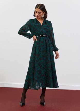 Много цветов! невероятное шифоновое платье миди ниже колен с длинными рукавами на запах изумрудная темно зеленая черная2 фото