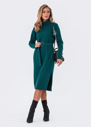 Різні кольори! витончене плаття гольф з коміром стійкою з поясом з бічним. розрізами міді до нижче колін