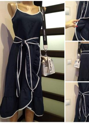 Стильный темно-синий сарафан платье мини с белым кантом